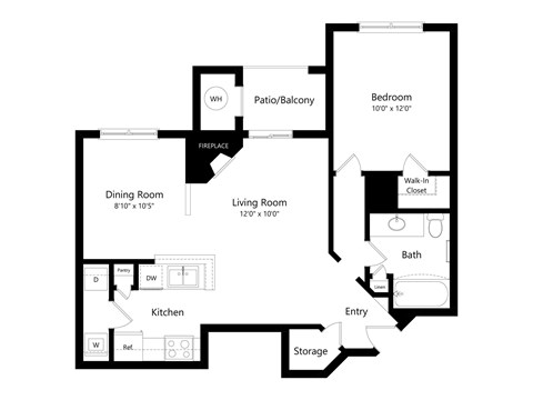 Floor plan for 1 bed, 1 bath, 822 sqft